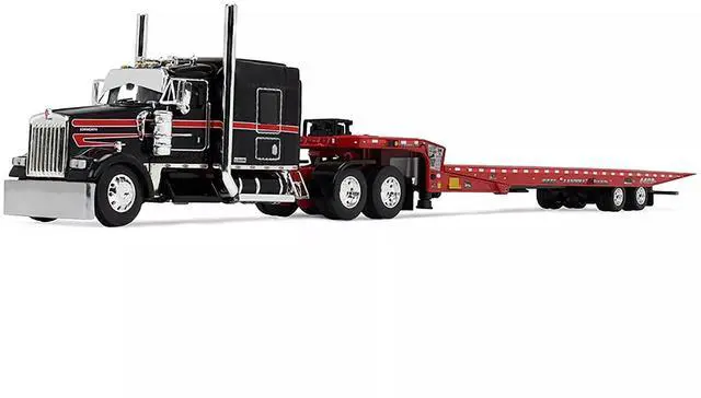 Alt view image 2 of 6 - Kenworth W900L with 72" AeroCab Sleeper & Landoll Traveling Axle Trailer Viper Red & Black 1/64 Diecast Model by DCP/First Gear