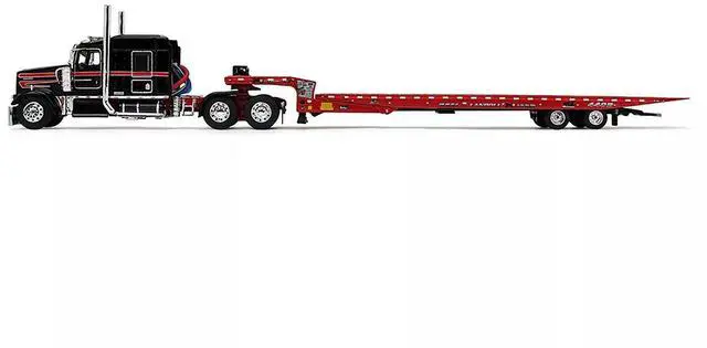 Alt view image 3 of 6 - Kenworth W900L with 72" AeroCab Sleeper & Landoll Traveling Axle Trailer Viper Red & Black 1/64 Diecast Model by DCP/First Gear