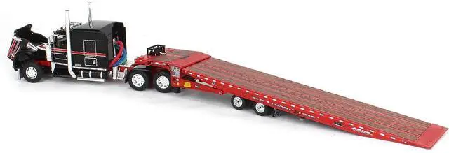 Alt view image 5 of 6 - Kenworth W900L with 72" AeroCab Sleeper & Landoll Traveling Axle Trailer Viper Red & Black 1/64 Diecast Model by DCP/First Gear