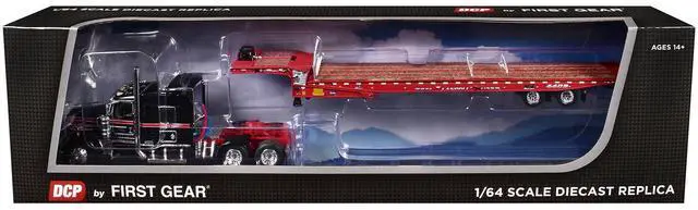 Alt view image 6 of 6 - Kenworth W900L with 72" AeroCab Sleeper & Landoll Traveling Axle Trailer Viper Red & Black 1/64 Diecast Model by DCP/First Gear