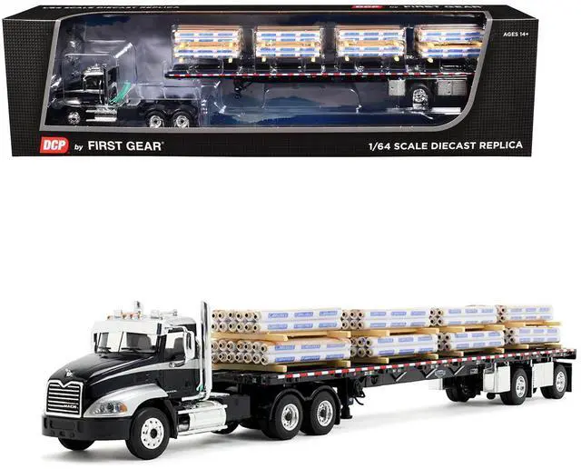 Main image of Mack Pinnacle Day Cab w/Minimizer Parts & 53' Wilson Flatbed w/Pallets Black w/Silver 1/64 Diecast Model by DCP/First Gear