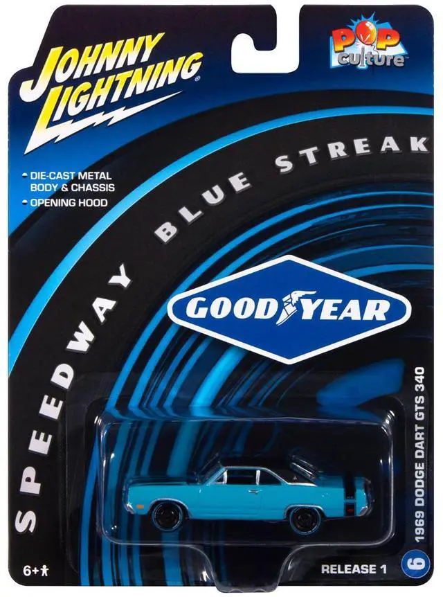 Alt view image 5 of 9 - 1969 Dodge Dart GTS 340 Blue with Black Top and Stripes "Goodyear Blue Streak" 1/64 Diecast Model Cars by Johnny Lightning
