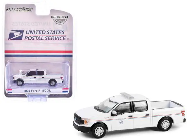 Main image of 2020 Ford F-150 XL Pickup Truck "USPS Postal Police" White with Red and Blue 1/64 Diecast Model Car by Greenlight