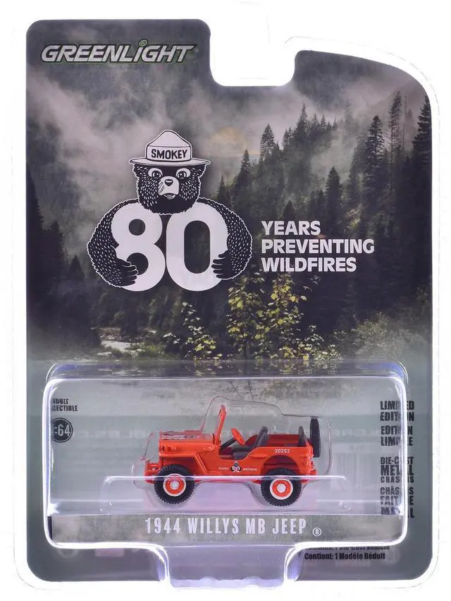 Alt view image 6 of 6 - 1944 Willys MB Jeep Red "Smokey Bear 80th Anniversary" "Anniversary Collection" Series 17 1/64 Die Cast Model Car by Greenlight
