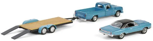 Alt view image 3 of 6 - 1969 Plymouth GTX Turquoise Metallic & 1967 Dodge D-200 Truck  Trailer "Graveyard Carz" 1/64 Die Cast Model Car by Greenlight