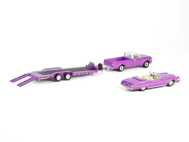 Alt view image 3 of 6 - 1974 Cadillac Eldorado Convertible Pink and 1972 Chevrolet C-30 Truck Pink with Hauler 1/64 Die Cast Model Cars by Greenlight