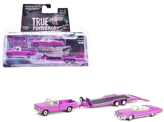 Main image of 1974 Cadillac Eldorado Convertible Pink and 1972 Chevrolet C-30 Truck Pink with Hauler 1/64 Die Cast Model Cars by Greenlight