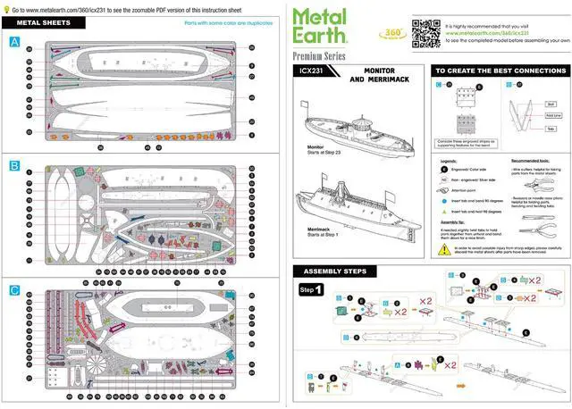 Alt view image 5 of 6 - Model Kit  USS Monitor and USS Merrimack Ironclad Warships "Battle of the Ironclads" Steel Model Kit by Metal Earth