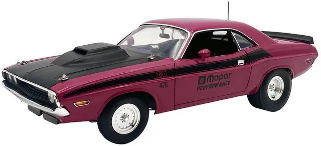 Main image of 1970 Dodge Challenger T/A Pro Stock "Mopar Performance" Panther Pink with Black Stripes and Black 1/18 Diecast Model car by ACME