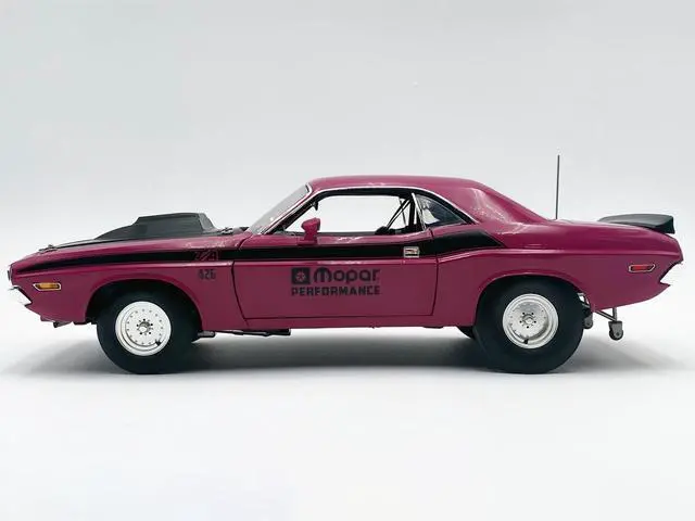 Alt view image 4 of 6 - 1970 Dodge Challenger T/A Pro Stock "Mopar Performance" Panther Pink with Black Stripes and Black 1/18 Diecast Model car by ACME