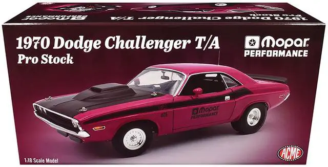 Alt view image 6 of 6 - 1970 Dodge Challenger T/A Pro Stock "Mopar Performance" Panther Pink with Black Stripes and Black 1/18 Diecast Model car by ACME