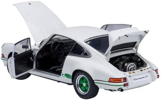Alt view image 2 of 6 - Porsche 911 Carrera 2.7 RS Grand Prix White with Green Stripes and Wheels 1/18 Model Car by Autoart