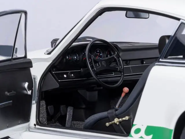 Alt view image 5 of 6 - Porsche 911 Carrera 2.7 RS Grand Prix White with Green Stripes and Wheels 1/18 Model Car by Autoart