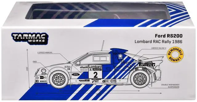 Alt view image 5 of 6 - Ford RS200 #2 "Lombard RAC Rally" (1986) "Hobby64+" Series 1/64 Diecast Model Car by Tarmac Works