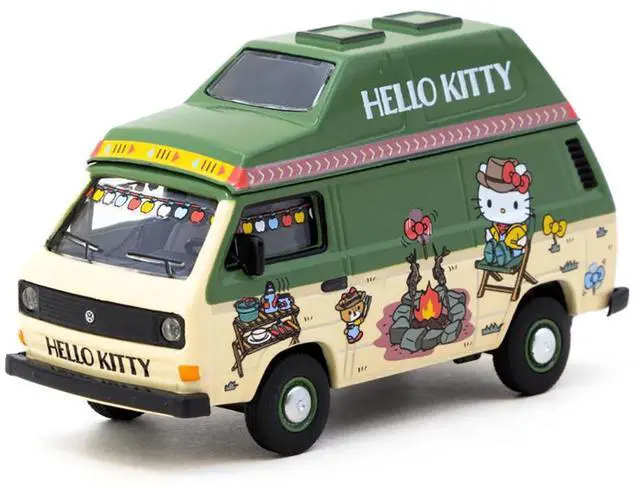 Alt view image 5 of 6 - Volkswagen T3 Van "Hello Kitty Camping" Green and Beige with Graphics 1/64 Diecast Model Car by Schuco & Tarmac Works