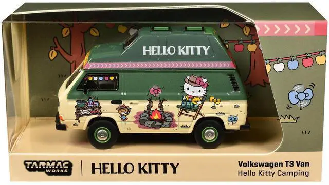 Alt view image 4 of 6 - Volkswagen T3 Van "Hello Kitty Camping" Green and Beige with Graphics 1/64 Diecast Model Car by Schuco & Tarmac Works