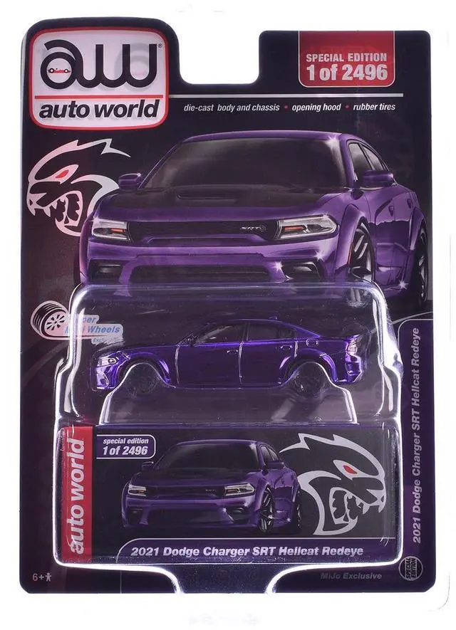 Alt view image 3 of 3 - 2021 Dodge Charger SRT Hellcat Redeye Purple Chrome with Black Hood Limited Edition 1/64 Diecast Model car by Auto World