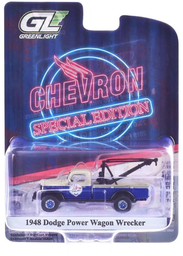Alt view image 6 of 6 - 1948 Dodge Power Wagon Wrecker Tow Truck Beige and Blue "Chevron Special Edition" Series 1/64 Die cast Model Car by Greenlight