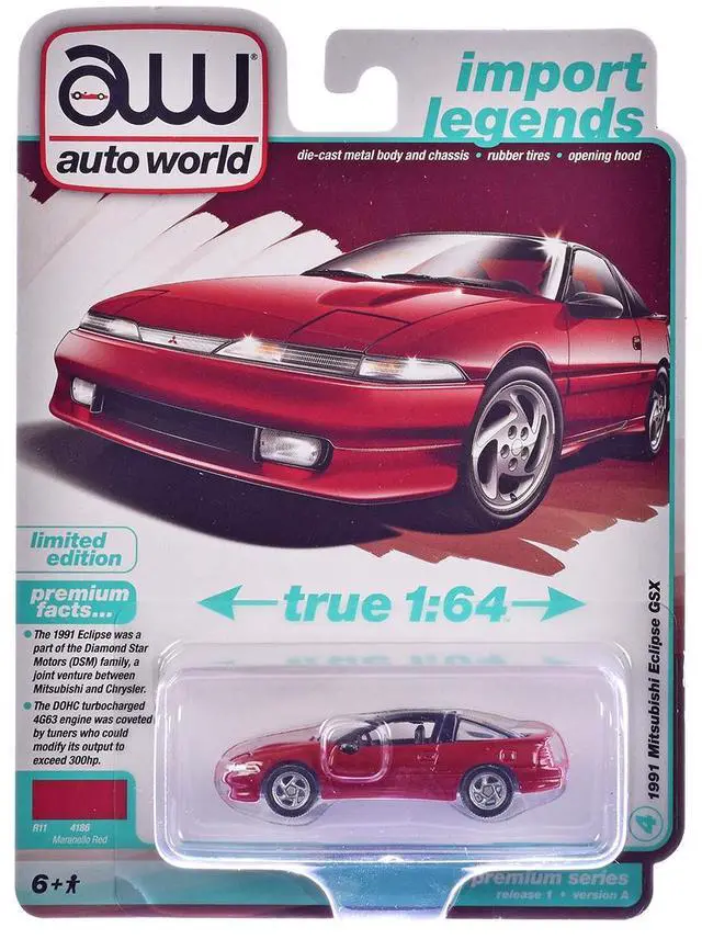 Alt view image 5 of 6 - 1991 Mitsubishi Eclipse GSX Maranello Red with Black Top "Import Legends" Series 1/64 Diecast Model Car by Auto World