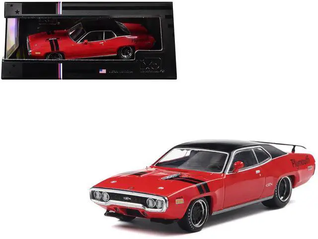 Main image of 1971 Plymouth GTX Rally Red with Black Top and Stripes 1/43 Diecast Model Car by IXO Models