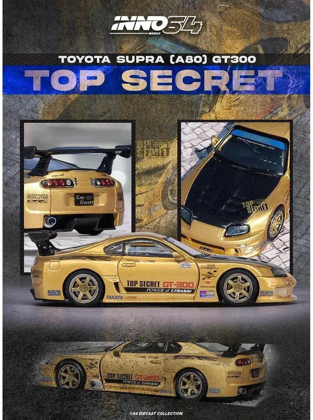 Alt view image 4 of 6 - Toyota Supra (A80) "Top Secret" GT300 RHD Gold Metallic with Carbon Hood 1/64 Diecast Model Car by Inno Models