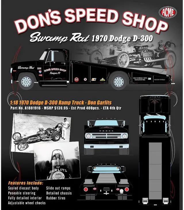 Alt view image 2 of 6 - 1970 Dodge D-300 Ramp Truck Black "Don's Speed Shop" Limited Edition to 300 pieces Worldwide 1/18 Die Cast Model Car by ACME