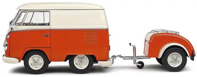 Alt view image 3 of 6 - 1950 Volkswagen Kool Kombi Van with Trailer Orange and White 1/18 Diecast Model Car by Solido
