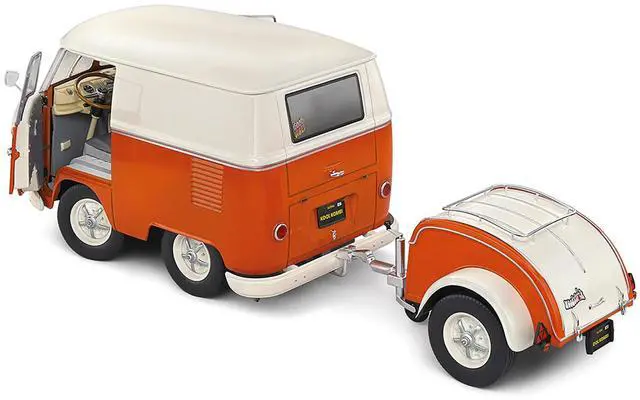Alt view image 4 of 6 - 1950 Volkswagen Kool Kombi Van with Trailer Orange and White 1/18 Diecast Model Car by Solido