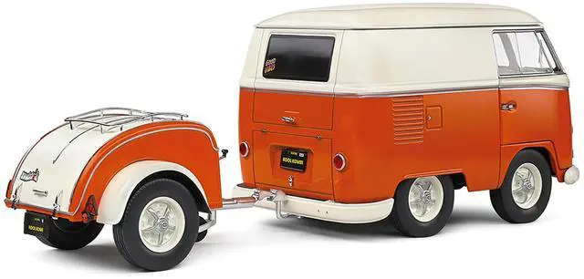 Alt view image 5 of 6 - 1950 Volkswagen Kool Kombi Van with Trailer Orange and White 1/18 Diecast Model Car by Solido