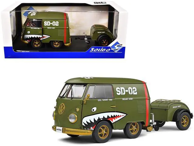 Main image of 1950 Volkswagen Kool Kombi Van with Trailer "Army Fighter" Green with Graphics 1/18 Diecast Model Car by Solido