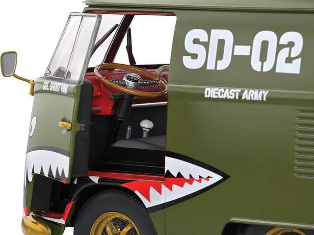 Alt view image 2 of 6 - 1950 Volkswagen Kool Kombi Van with Trailer "Army Fighter" Green with Graphics 1/18 Diecast Model Car by Solido