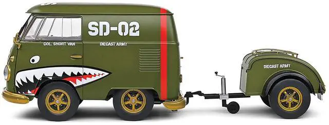 Alt view image 3 of 6 - 1950 Volkswagen Kool Kombi Van with Trailer "Army Fighter" Green with Graphics 1/18 Diecast Model Car by Solido