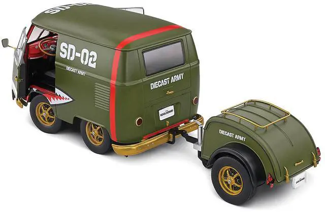 Alt view image 4 of 6 - 1950 Volkswagen Kool Kombi Van with Trailer "Army Fighter" Green with Graphics 1/18 Diecast Model Car by Solido