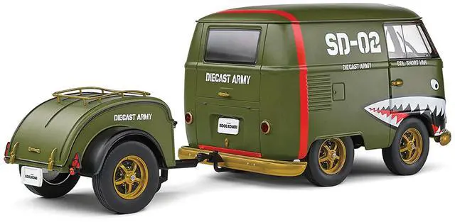 Alt view image 5 of 6 - 1950 Volkswagen Kool Kombi Van with Trailer "Army Fighter" Green with Graphics 1/18 Diecast Model Car by Solido