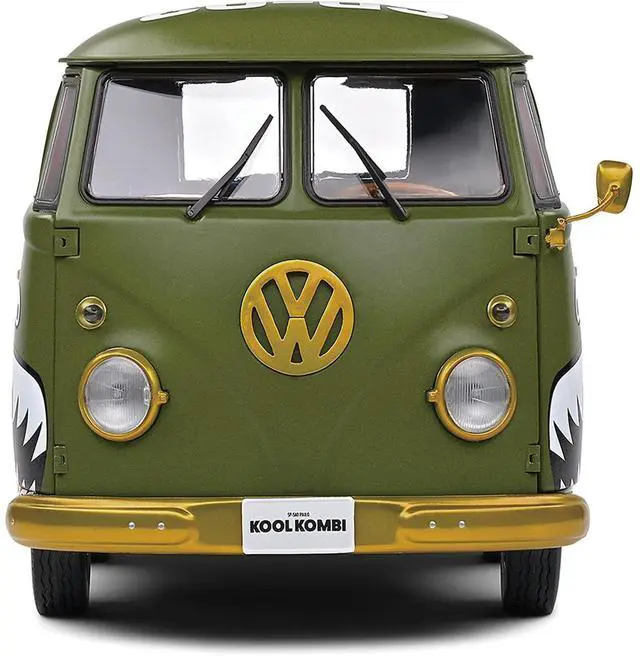 Alt view image 6 of 6 - 1950 Volkswagen Kool Kombi Van with Trailer "Army Fighter" Green with Graphics 1/18 Diecast Model Car by Solido