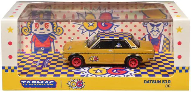 Alt view image 5 of 6 - Datsun 510 "OG Beer" Yellow with Checkered Top "Hobby64" Series 1/64 Diecast Model Car by Tarmac Works