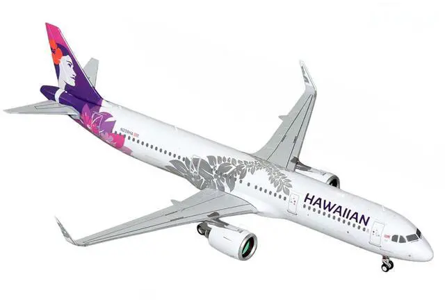 Alt view image 2 of 3 - Airbus A321neo Commercial Aircraft "Hawaiian Airlines" White with Tail Graphics "Gemini 200" 1/200 Diecast Model by GeminiJets
