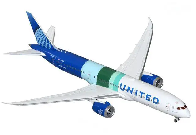 Alt view image 2 of 3 - Boeing 787-9 Commercial Aircraft "United Airlines - The Future is SAF" (N24988) White and Blue 1/400 Diecast Model by GeminiJets