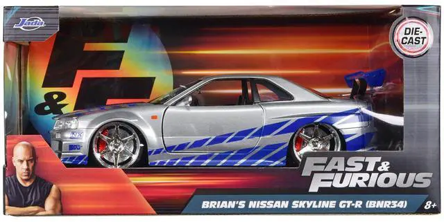 Alt view image 4 of 4 - Brian's Nissan GTR Skyline R34 Silver/Blue "Fast & Furious" Movie 1/24 Model Car by Jada