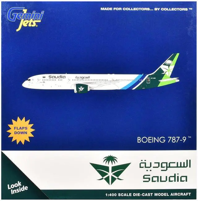 Alt view image 3 of 3 - Boeing 787-9 Commercial Aircraft with Flaps Down "Saudia Airline" (HZ-ARB) White with Graphics 1/400 Diecast Model by GeminiJets