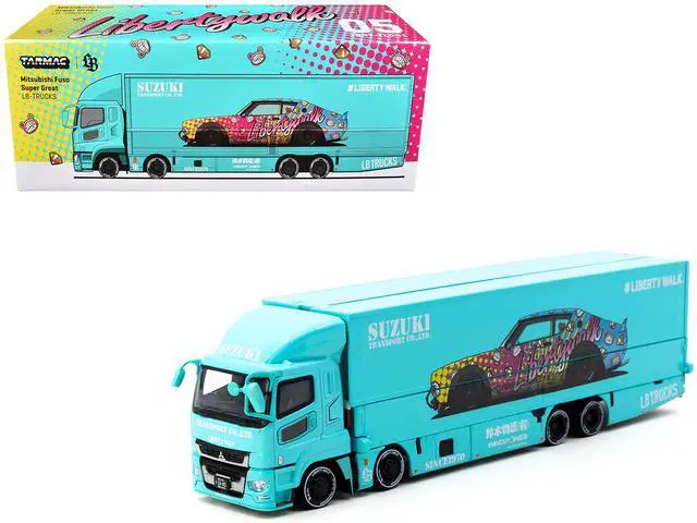 Main image of Mitsubishi Fuso Truck with Transporter Light Blue with Graphics 1/64 Diecast Model Car by Tarmac Works