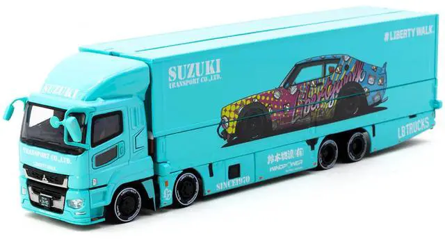 Alt view image 2 of 6 - Mitsubishi Fuso Truck with Transporter Light Blue with Graphics 1/64 Diecast Model Car by Tarmac Works