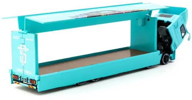 Alt view image 3 of 6 - Mitsubishi Fuso Truck with Transporter Light Blue with Graphics 1/64 Diecast Model Car by Tarmac Works