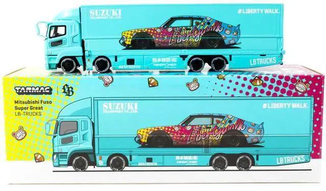 Alt view image 4 of 6 - Mitsubishi Fuso Truck with Transporter Light Blue with Graphics 1/64 Diecast Model Car by Tarmac Works