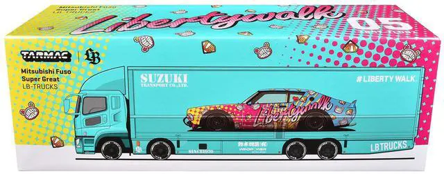 Alt view image 5 of 6 - Mitsubishi Fuso Truck with Transporter Light Blue with Graphics 1/64 Diecast Model Car by Tarmac Works