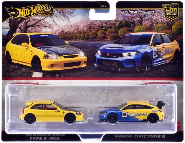 Main image of 1999 Honda Civic Type R (EK9) RHD Yellow with Red Interior and Type R #95 Blue and Yellow Set Diecast Model Cars by Hot Wheels