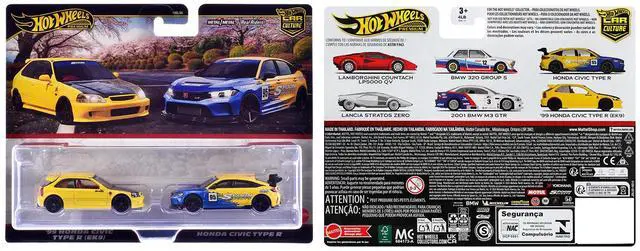 Alt view image 3 of 3 - 1999 Honda Civic Type R (EK9) RHD Yellow with Red Interior and Type R #95 Blue and Yellow Set Diecast Model Cars by Hot Wheels