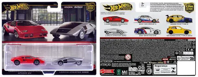 Alt view image 3 of 3 - Lamborghini Countach LP5000 QV Red and Lancia Stratos Zero Gray Metallic "Car Culture" Set  Diecast Model Cars by Hot Wheels