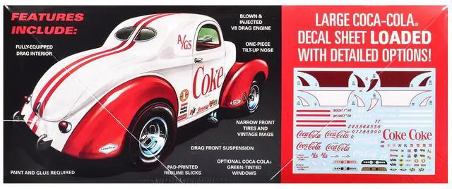 Alt view image 2 of 4 - Skill 2 Model Kit 1940 Willys Coupe "Coca-Cola Race Team" 1/25 Scale Model by AMT