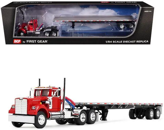 Main image of White Western Star 4900 Day Cab with 48 Utility Flatbed Trailer Viper Red 1/64 Diecast Model made by DCP/First Gear